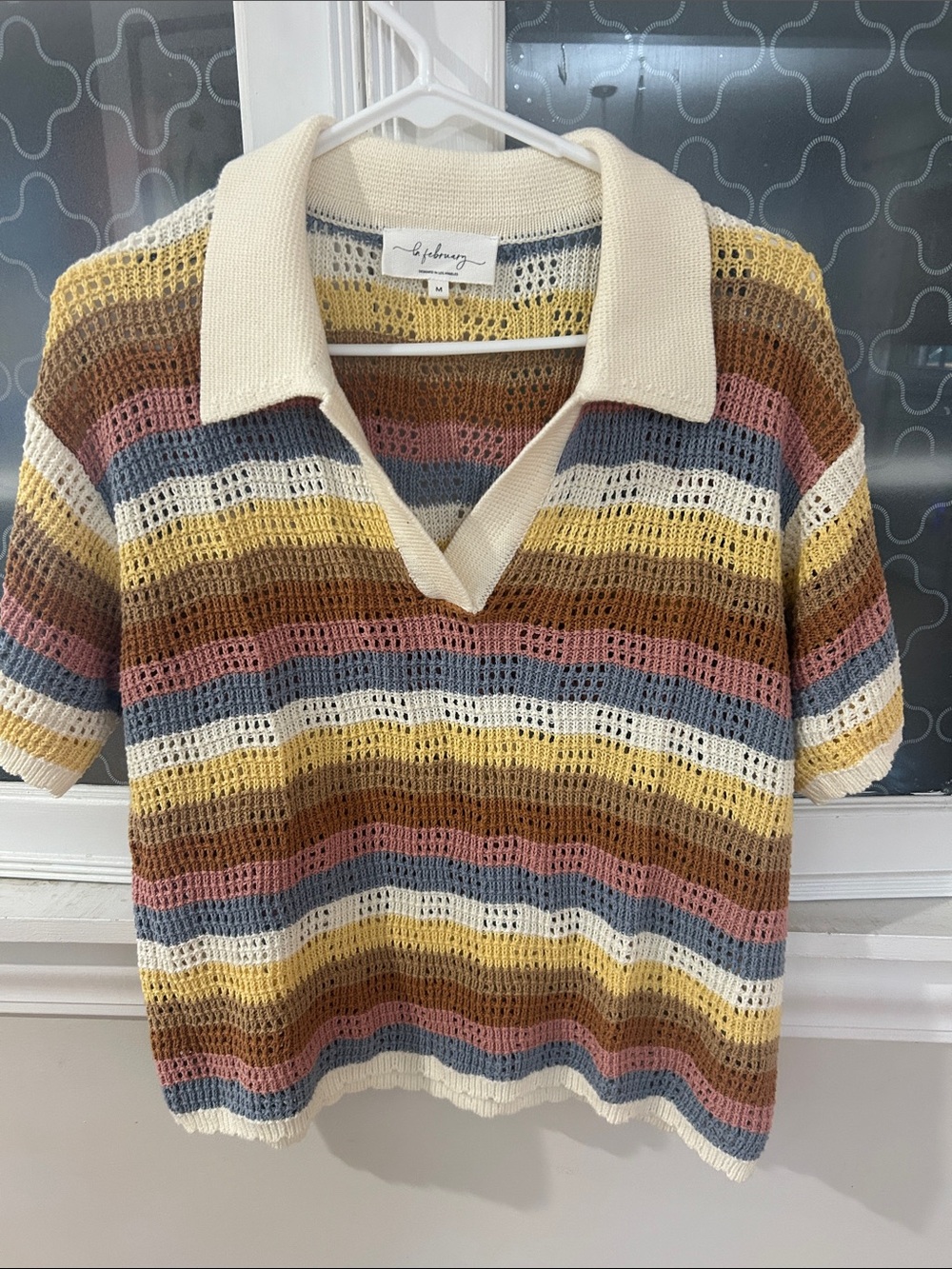 Open-Knit Striped Polo Sweater in Cream, Mustard & Rose